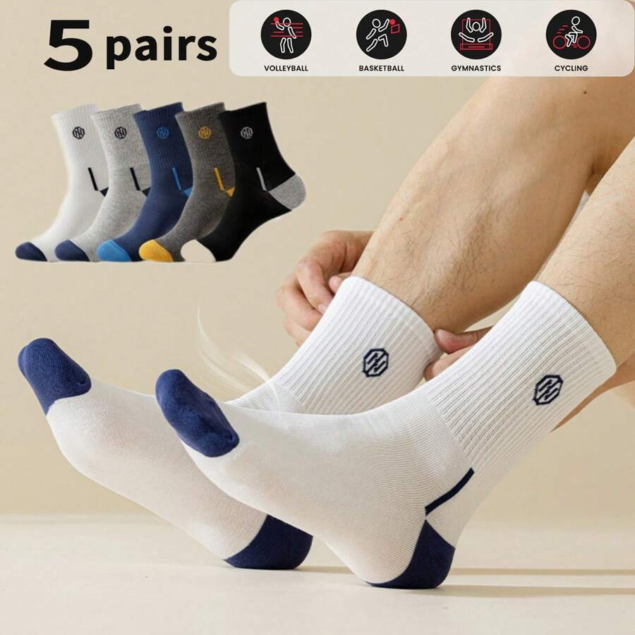 5 Pairs Mixed Men's Crew Socks, Thickened Moisture-Wicking Breathable Sport Socks, Basketball Socks, Color Block Design, Hot Selling, Suitable For Autumn/Winter & Spring/Summer