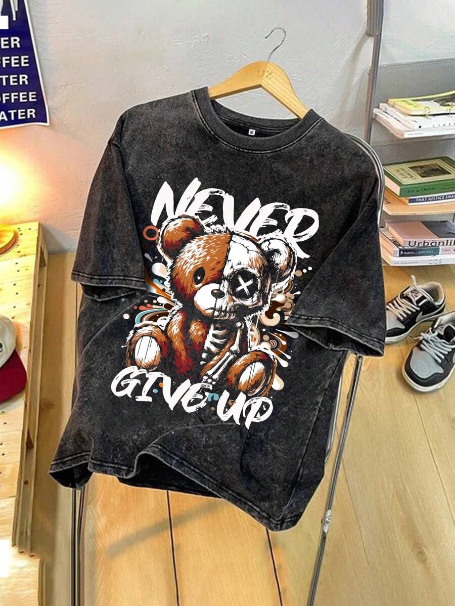 Vintage T-shirt met ronde hals en schattige beer- en letterprint voor heren