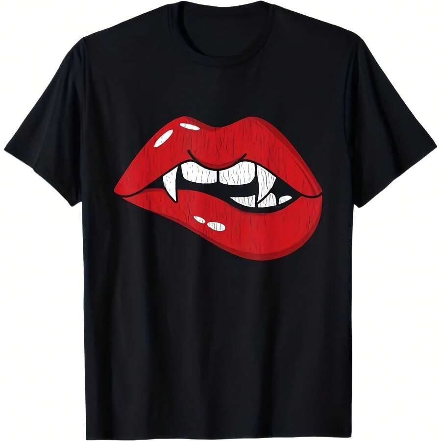 Retro Dracula Vampire Red Lips Teeth Bite Halloween Costume T-Shirt