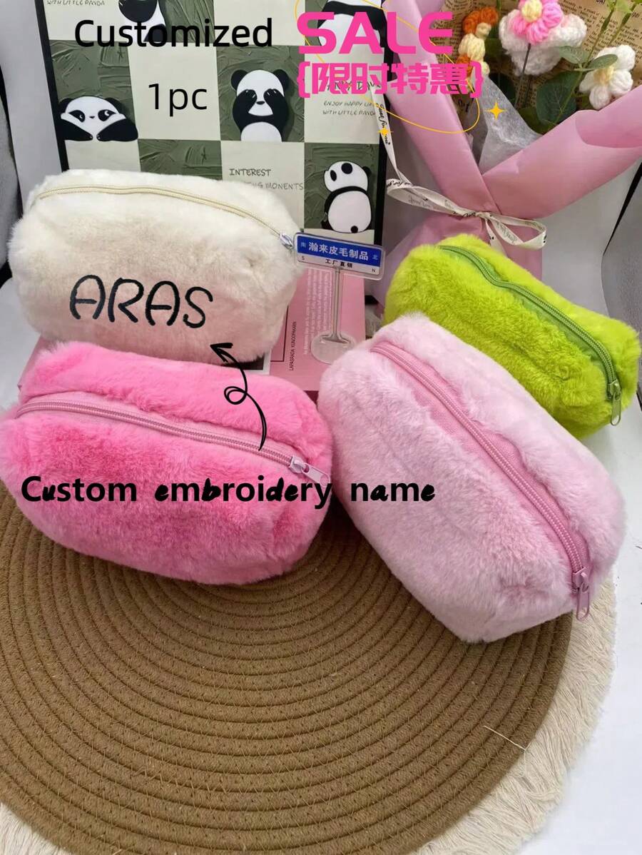 Bolsa de maquillaje personalizada con nombre bordado, de gran capacidad y linda, bolsa de almacenamiento portátil y esponjosa, estilo coreano de moda para chicas, en color liso suave tipo "Aesthetic INS", bolsa de cosméticos de colores de caramelo para estudiantes y damas