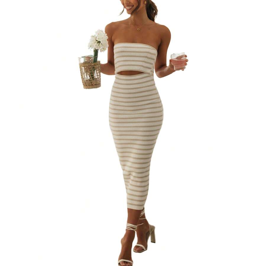 Women Summer Casual Tube Dresses Strapless Backless Hollowed Striped Patchwork Long Dress Clubwear