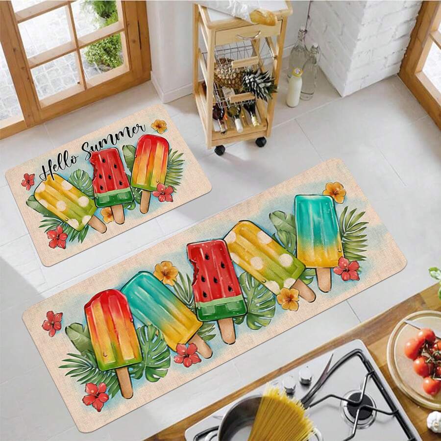 1/2pcs "Hello Summer" Kitchen Carpet Set, Fruit Popsicles Design Floor Mat, Soft Non Slip, For Kitchen, Living Room, Bedroom, Versatile Home Decor, For Indoor/Outdoor Use