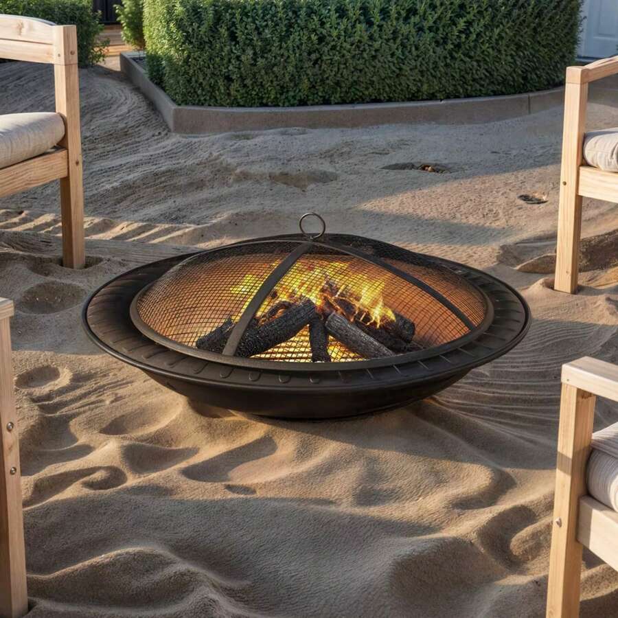 30 Inch Black Iron Fire Pit BBQ Grill With Wood Burning And Fork For Outdoor Camping & Picnics Black