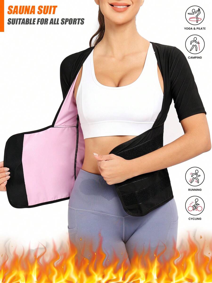 2025 Neue Damen Schwitz-Sauna-Anzug, formende & gewichtsverlierende atmungsaktive Haken-und-Schlaufen Taille Trimmer Kurzarm Körperformung für Laufen, Yoga, Fitness, sexy Aktivbekleidung Taillengürtel Korsett (PU Beschichtung) Fitness-Zubehör für Bauchformung Gürtel, Lendengürtel für Bauchformung Korsett