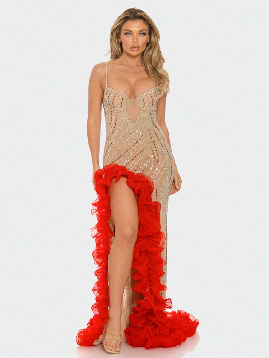 Elegant Evening Gown With Dazzling Rhinestones And Dramatic Red Ruffle Train -Perfect For Gala Events Comfortable Fabric