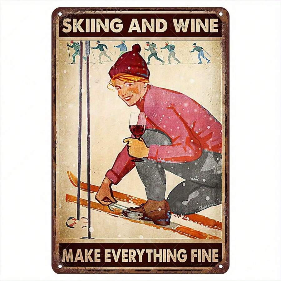 Cartel de metal vintage de Esquí y Vino - Regalo perfecto para esquiadores, arte de pared divertido para bar en casa, cafetería, gimnasio o decoración de resort de esquí