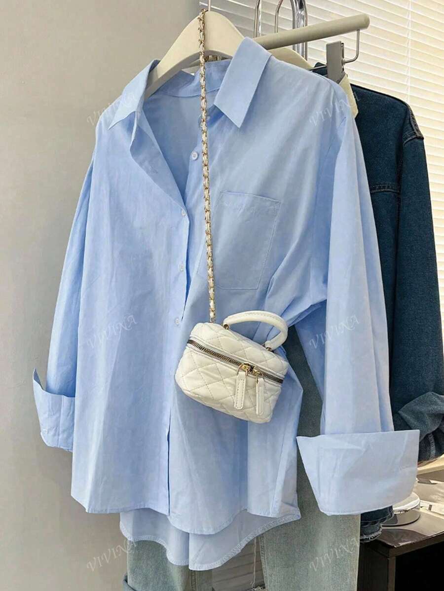 Camicia da donna oversize di moda semplice e casual, tinta unita, con colletto alla coreana e bottoni