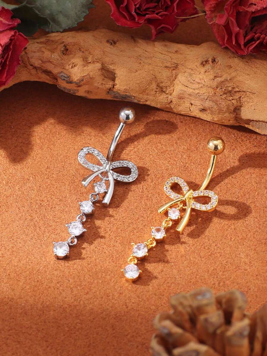 A Bow Shaped Micro Inlaid Copper Navel Nail