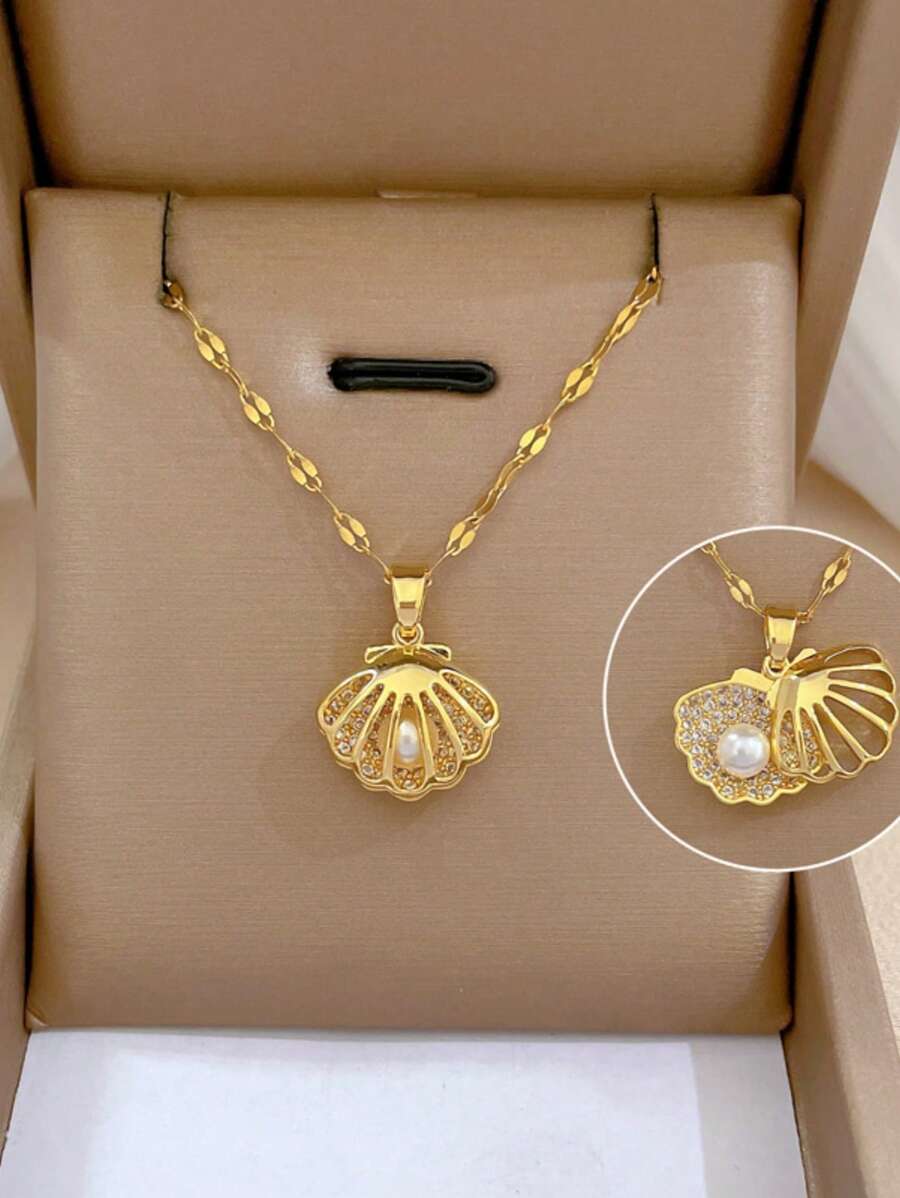 1pc 18K Gold Plated Stainless Steel Hollow Shell Pearl Pendant Necklace For Women Party