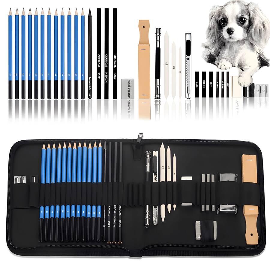 33-Piece Pro Drawing Kit - Premium Sketching Pencils Set With Charcoal Pencils, Charcoal Stick, Sharpener, And Portable Zippered Travel Case For Artists, Designers, And Students