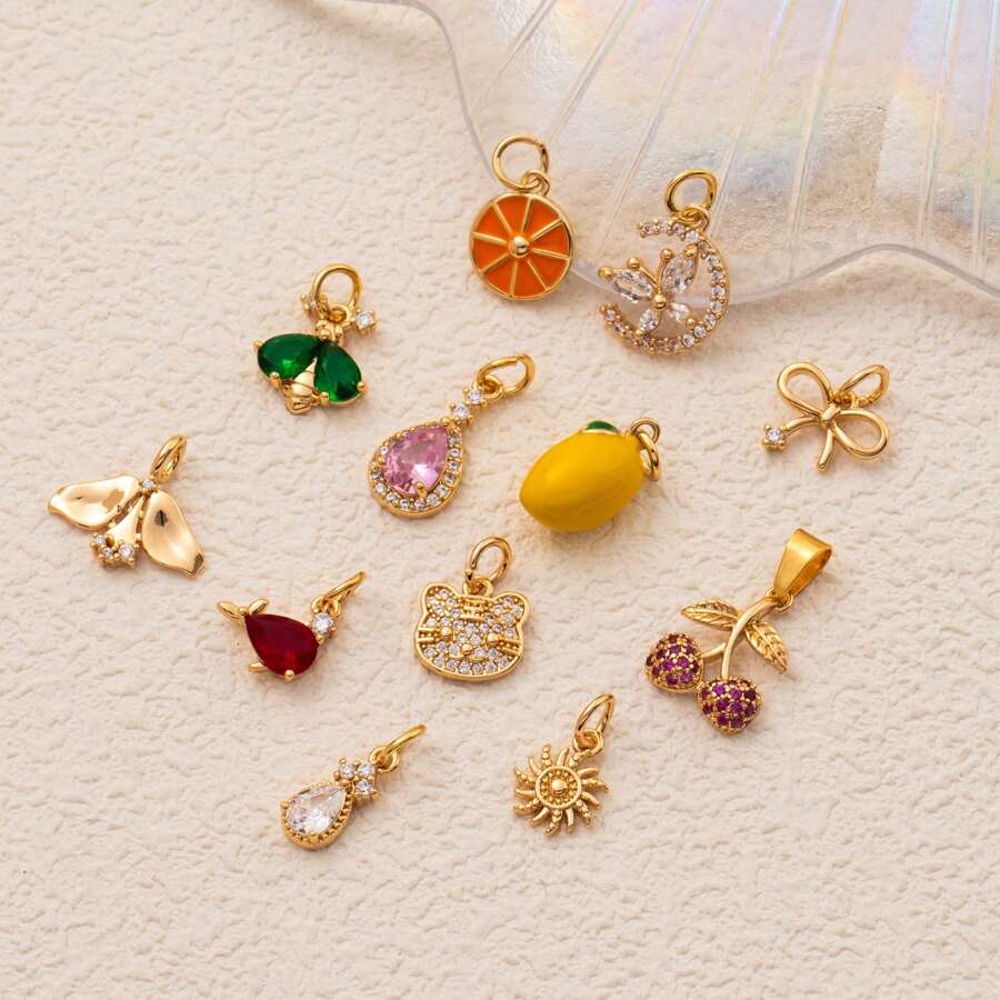 1 peça de pingente multielemento galvanizado com zircônia incrustada em cobre, inclui cereja, arco, abelha, gota d'água, sol, elementos tigre, adequado para fazer joias faça você mesmo
