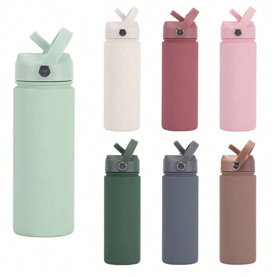 1pc 500ml/17OZ Stainless Steel Outdoor Sports Water Bottle, Wide Mouth Portable With Handle, Rubber Coated Soft Touch, Premium