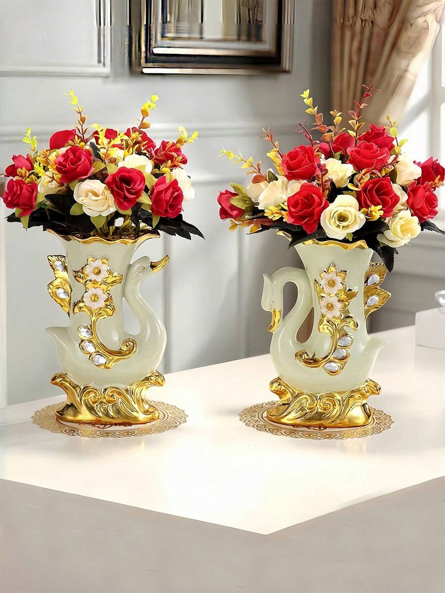 1pc Elegant Ceramic Swan Vase With Golden Accents - Living Room Decorative Vase, Swan Figurine For Living Room, TV Cabinet, Liquor Cabinet, Artificial Flowers, Upgrade Ambiance, Beautiful Housewarming Gift