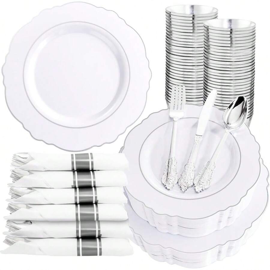 350PCS Silver Plastic Plates-Disposable White And Silver Plates 50guest Baroque Plastic Dinnerware Set Include 100Plates, 50Pack Pre Rolled Napkins With Silverware 50Cups Perfect For Christmas