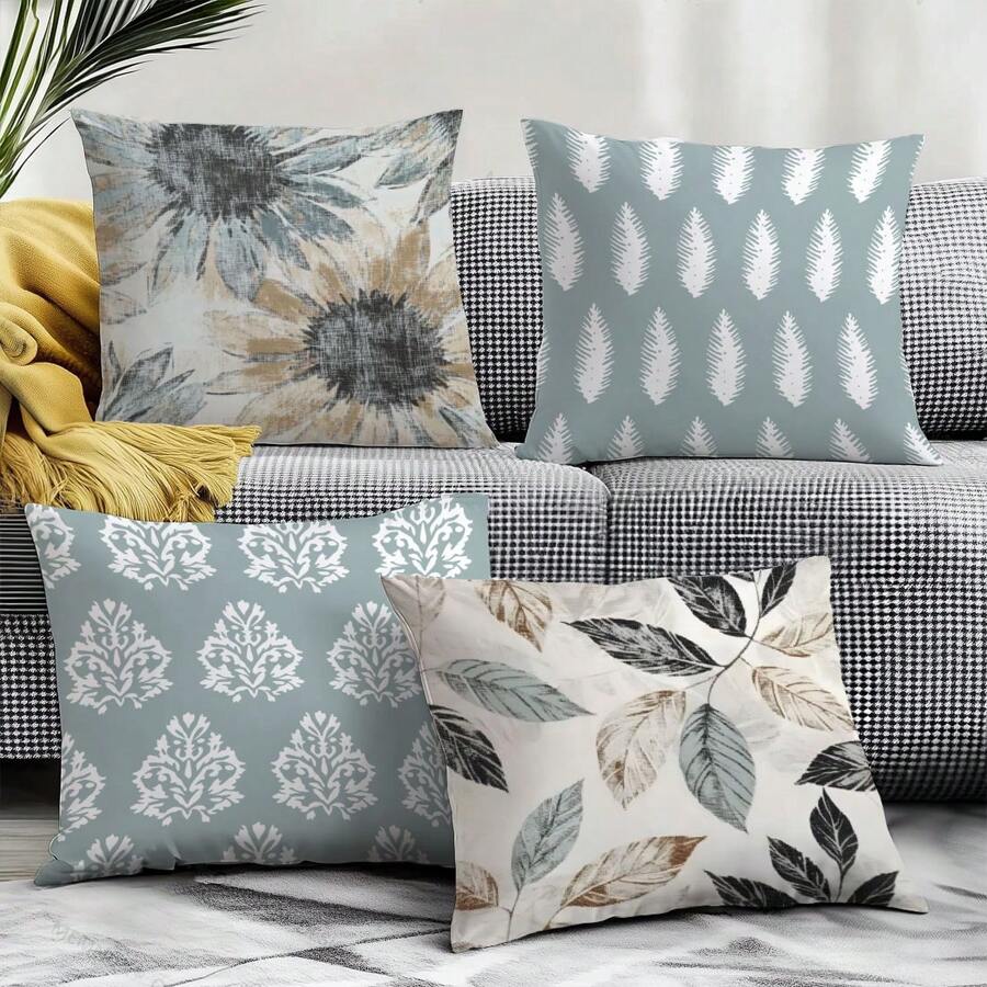 4 Stücke Set Vintage Blatt geometrisches Muster Kissenbezug, beidseitig bedruckter Korallenflausch-Stoff, 45*45cm/18*18 Zoll Kissenbezug, geeignet für moderne minimalistisches Sofa, Wohnzimmerdekoration, Geschenke, Partydekoration