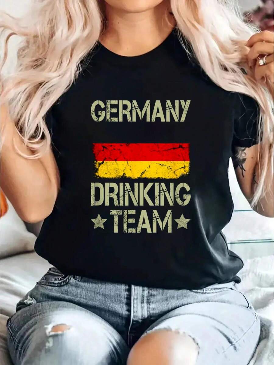 Germany Drinking Team German Flag Funny Drinking T-Shirt Print Round Neck Short Sleeve T-Shirt For Women Casual, Summer, Women Top Graphic Tees Women Tops