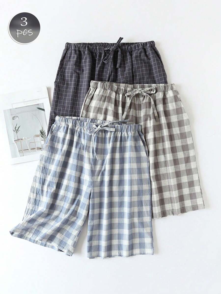 3 pièces/set Short de détente d'été confortable pour hommes, taille élastique réglable, imprimé à carreaux, avec poches, convient comme vêtement de nuit ou décontracté