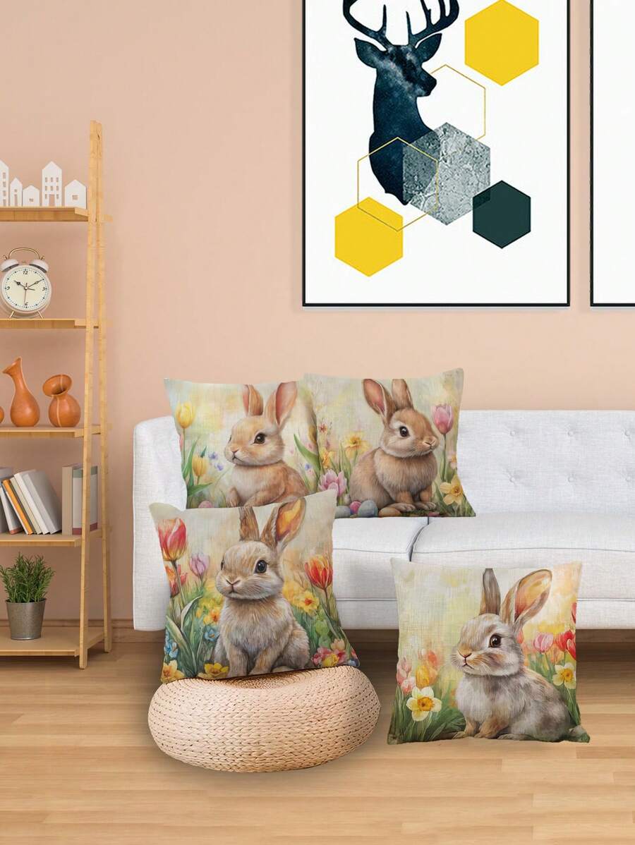 Easter-Themed 4pcs Pillowcase Set, Rabbit And Floral Design, Soft Polyester, Zipper Closure, Suitable For Various Room Types - No Insert Included, Skin-Friendly, Living Room Sofa