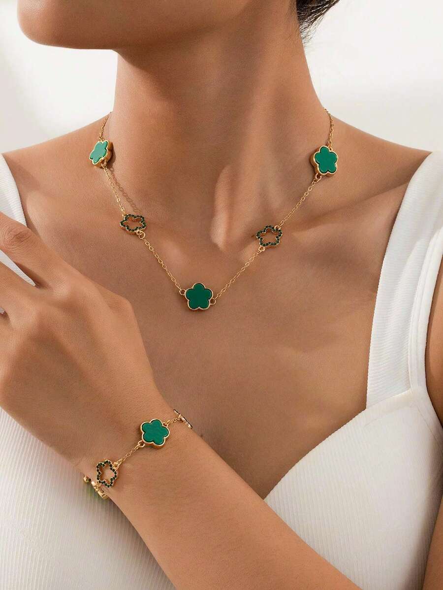 Conjunto de 2 peças/conjunto elegante europeu minimalista de metal flor da sorte colar pulseira joias conjunto de presente