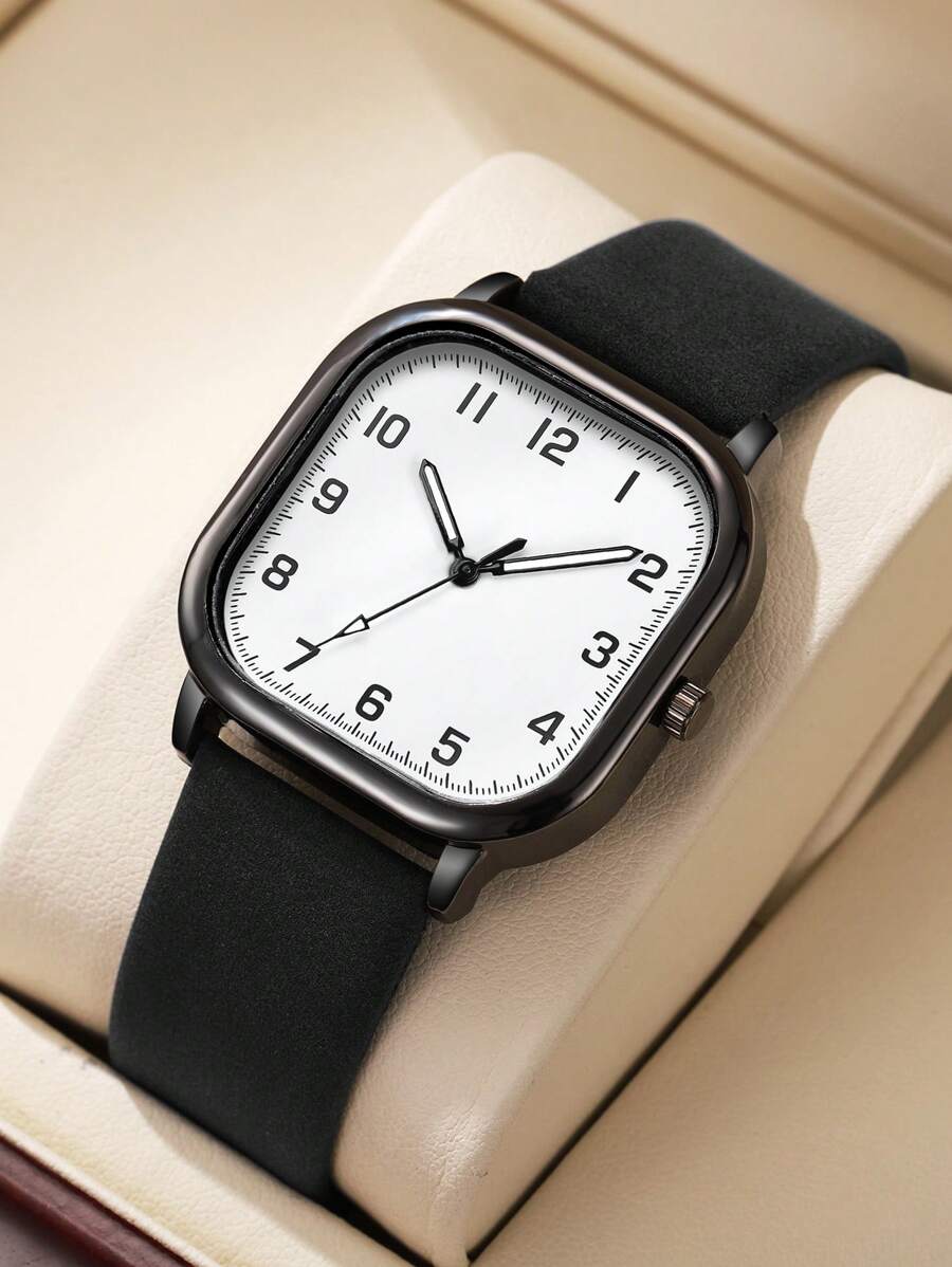 1 Peça cinto masculino e quadrado casual simples escala digital mostrador clássico relógio de pulso de quartzo moderno, sem caixa de relógio incluída