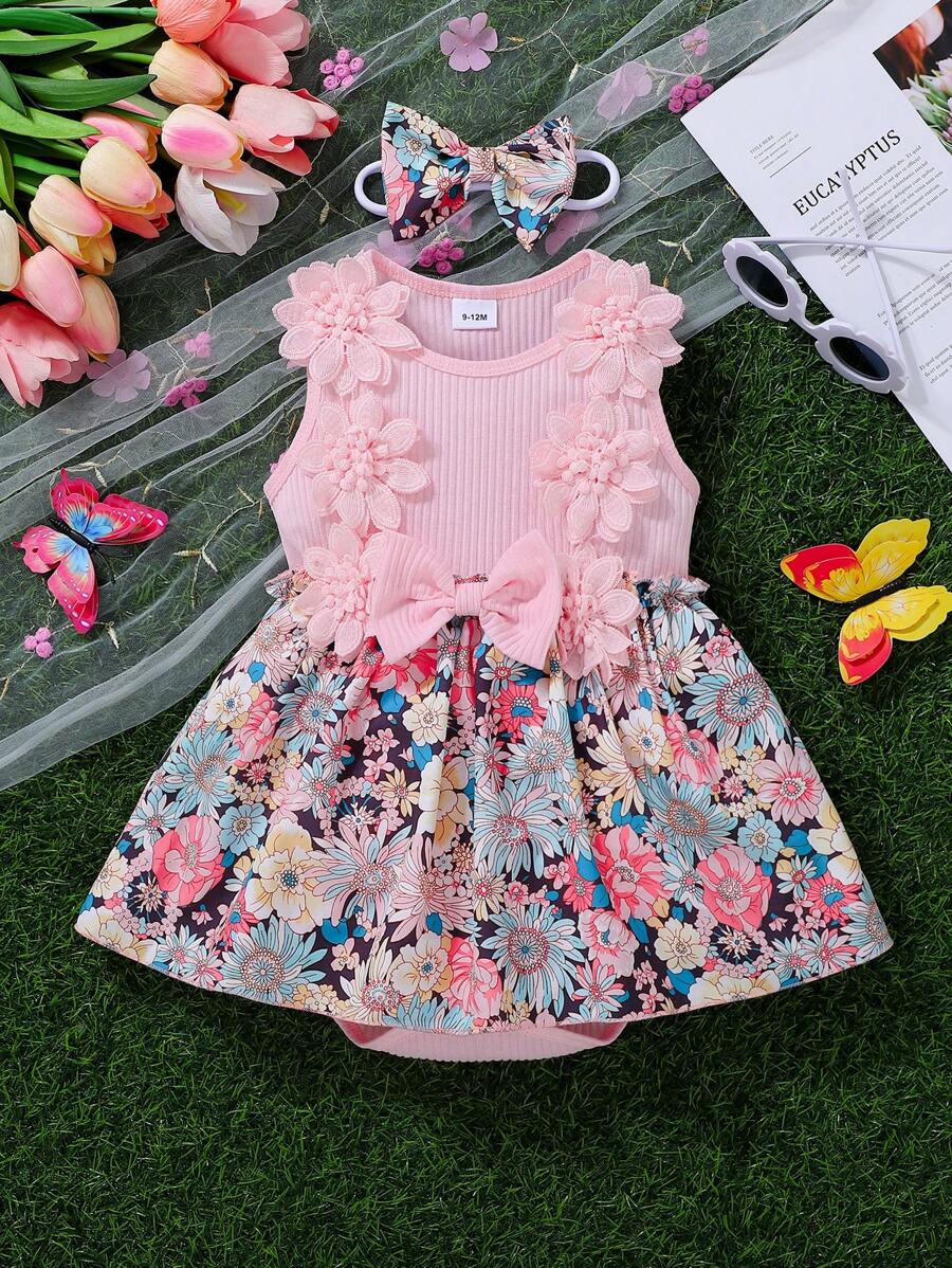 Nouveau body d'été bébé fille avec fleurs, manches calamistrées, broderie, nœud, patchwork en maille, mignon