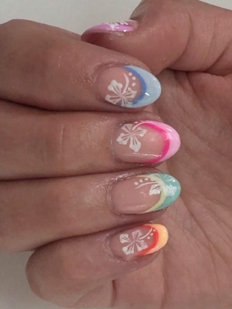 24PCS Short Round Nail, Creative Yellow Flower Fake Nails Nail, Press On The Nail.