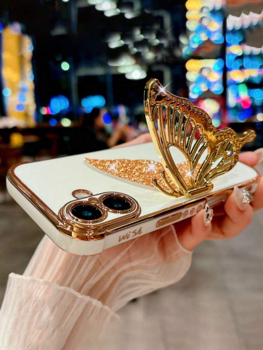 Luksusowy wzór platerowania, brokatowy motyl, stojak na telefon, etui kompatybilne z iPhone 12 13 14 15 16 Pro Max Plus, zderzak, ochraniacz