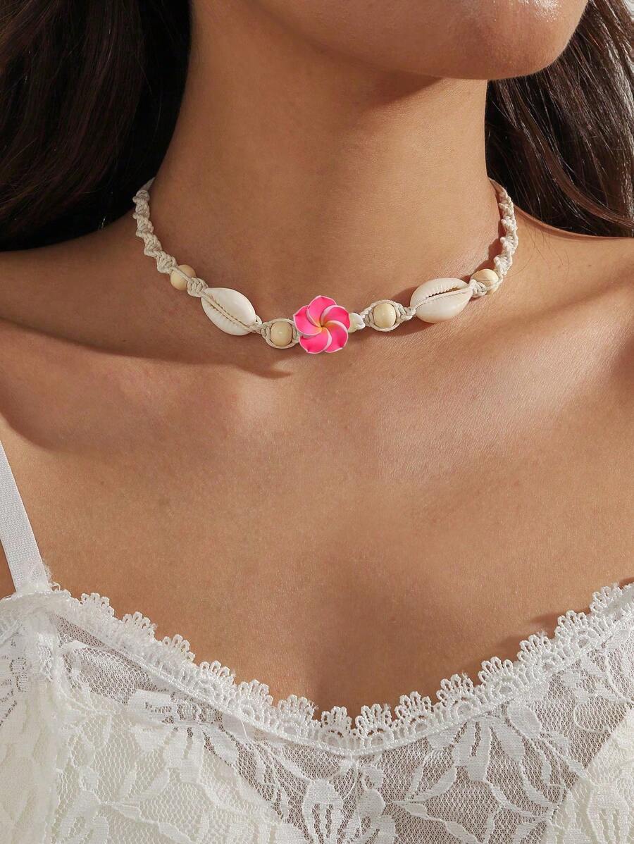 1pc Bohemia Style Handmade Soft Clay Flower Braided Adjustable Necklace For Women