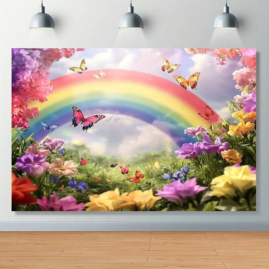1pc, Spring Rainbow And Butterfly Photography Background, Polyester Fiber, Machine Washable, Modern Style, No Electricity Required, No Feathers, Suitable For New Year Celebrations, Celebration Accessories | Whimsical Theme | Washable Fabric