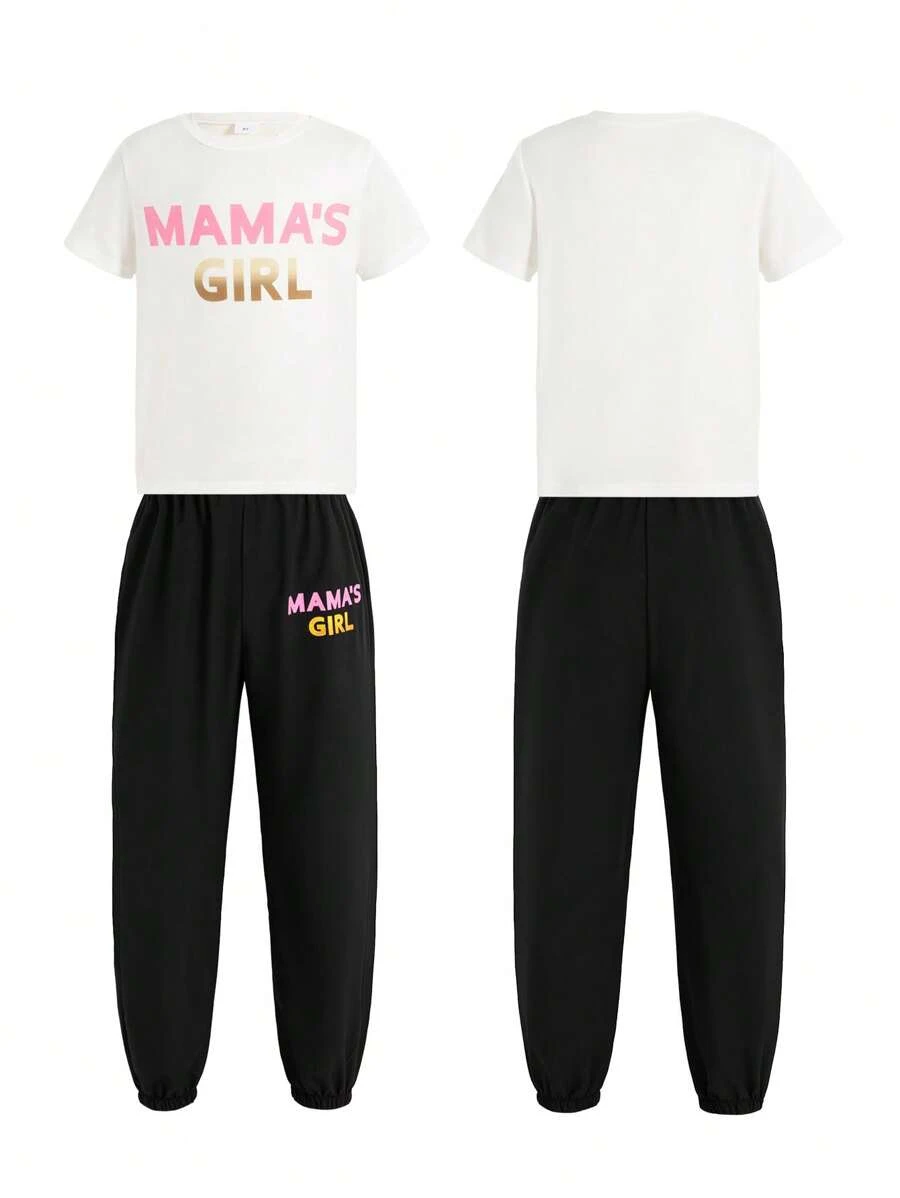 2pcs/Set Girls Casual Fashion Cartoon Print Round Neck Short Sleeve T-Shirt Top And Long Pants Set, Summer