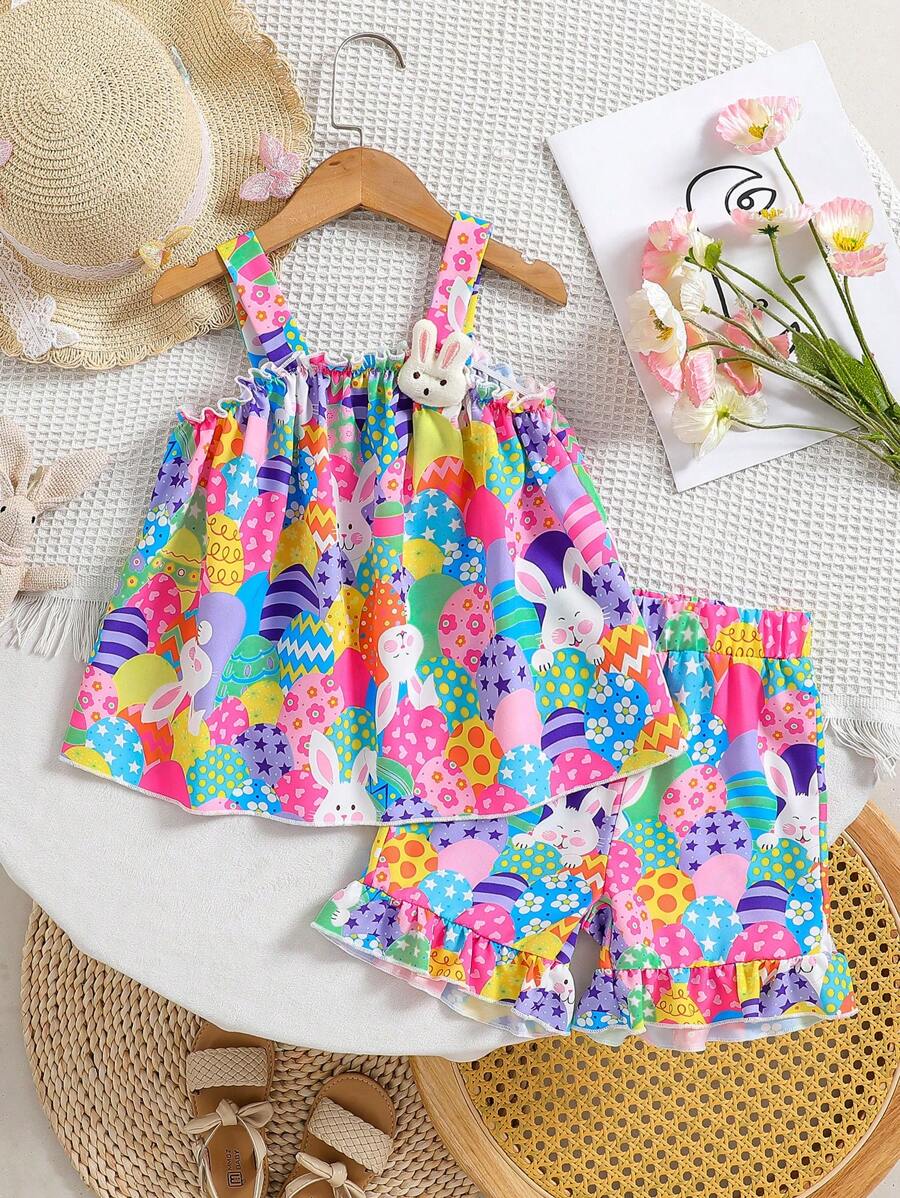 2pcs/Set Young Girl Cute Rabbit & Egg Print Loose Camisole Top + Rabbit & Egg Print Ruffle Hem Shorts, Sweet Casual Outfit Suitable For Daily Wear, Outdoor, Easter Party, Vacation, Spring/Summer