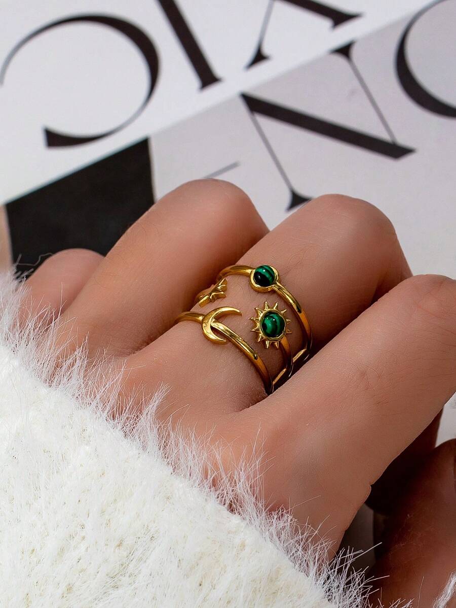 1 Pc 18K Gold Plating Stainless Steel Moon Star Sun Design Ring , Blue Turquoise Stone Decor Statement Ring , Waterproof Anti Tarnish Stainless Steel Rings Jewelry For Women