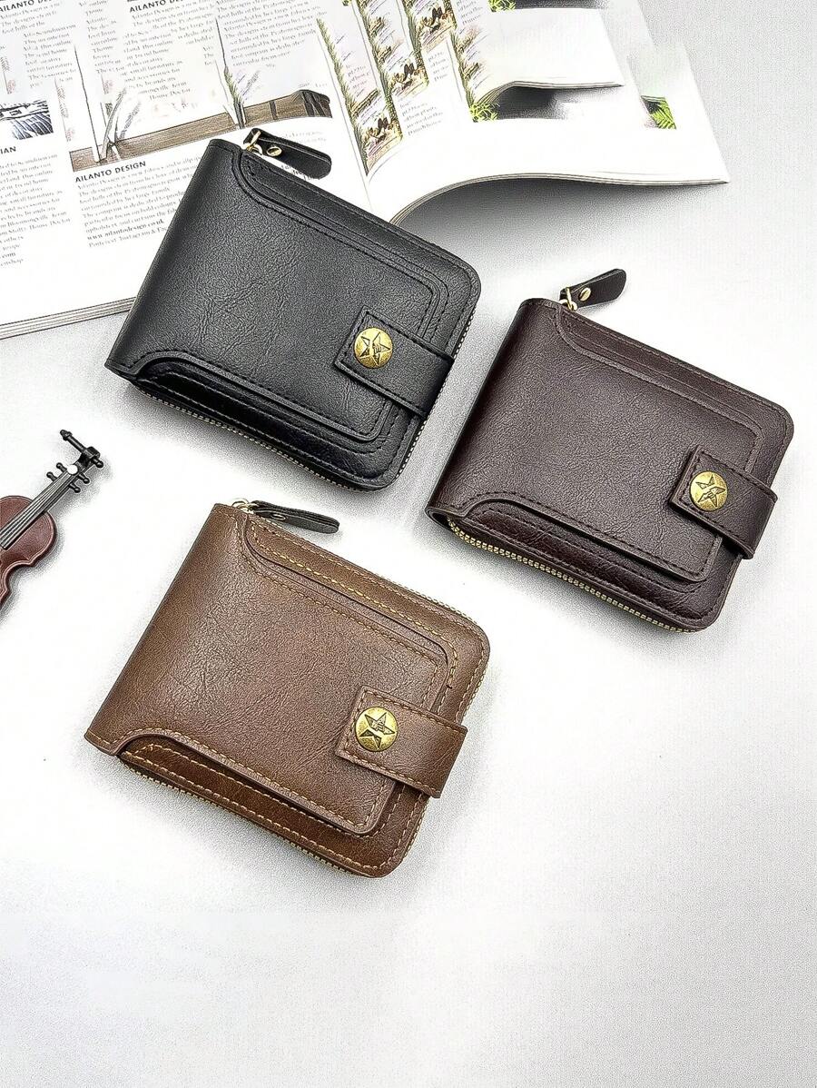 1pc, Men's Wallet, Retro PU Leather Multi Card Zipper Wallet, With 8 Card Slots And Change Pocket, Large Capacity Buckle Credit Card With Zipper, Brown,Large Capacity Multi-Card Slots,Business Casual Style,Birthday Gift,Graduation Gift,Father's Day Gift