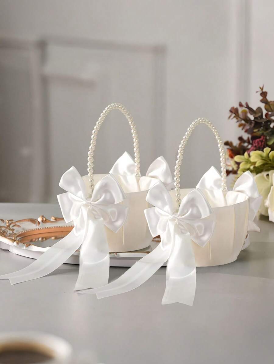 Satin White Bow Faux Pearl Wedding Flower Basket, Create A Romantic Wedding, Ideal For New Year Decoration And Gift-Giving
