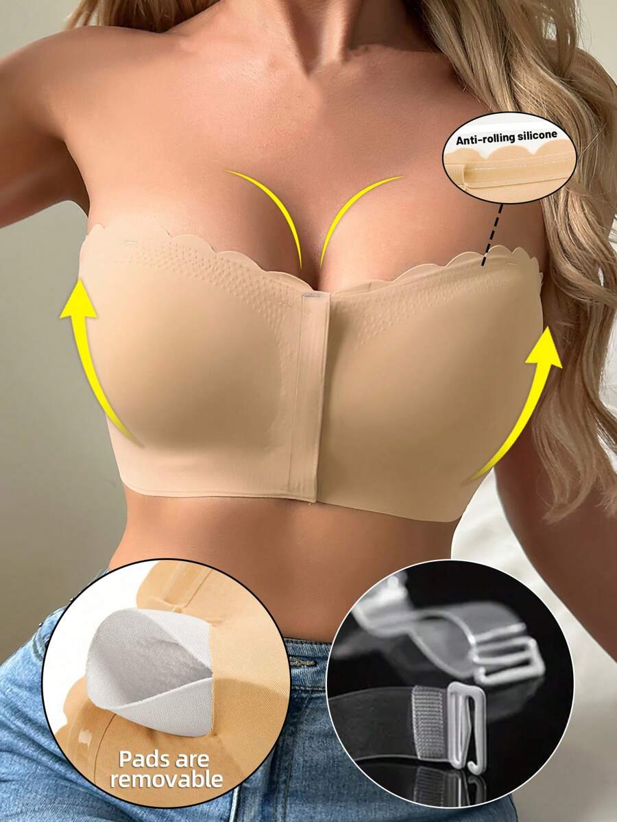 Women's Strapless Bra Front Closure Wavy Trim Bandeau Underwear Wireless Comfortable Brassiere Seamless Tube Top Wedding Intimates Backless Smooth Construction Solid Color Wire-Free Removable Padding Comfort Design With Anti-Rolling Silicone Grip For Secure