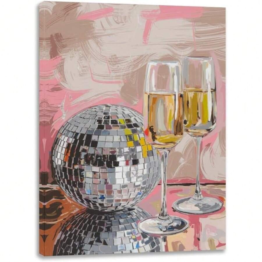 1pc Canvas Print Art Disco Ball And Champagne Art Picture Print Craft Canvas Decor Framed Ready To Hang.
