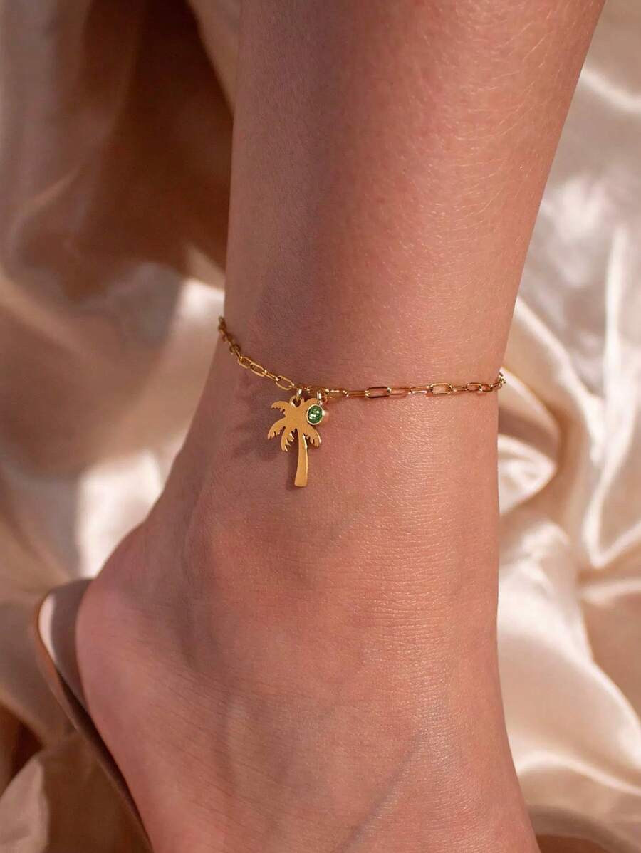 1 szt. Palm Tree Birthstone Anklet dla kobiet Delikatny kokosowy łańcuszek na kostkę Letnia biżuteria plażowa Modne dodatki Prezent na Walentynki, mama, matka, Dzień Matki, prezent