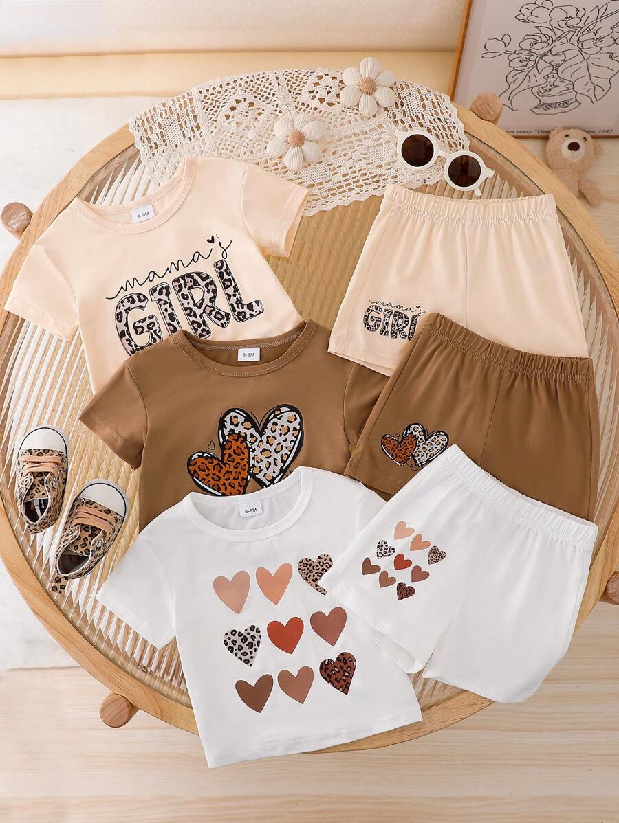 Summer Baby Girls Casual Commuting Letter Print & Heart Leopard Print Round Neck Short Sleeve Top & Printed Shorts 2 Pieces Suit Set