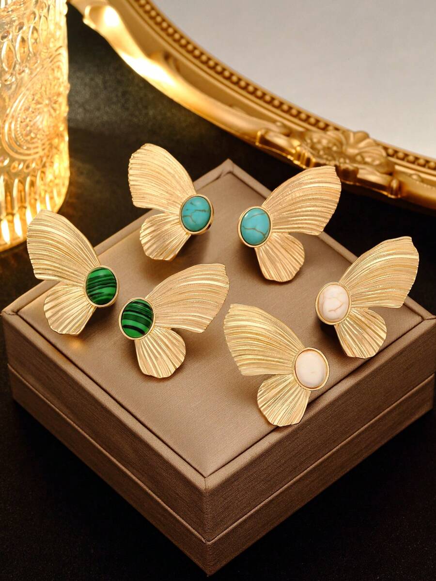 1 Pair Gold-Tone Butterfly Stud Earrings Inlaid With Natural Turquoise, White Turquoise And Malachite, Elegant And Versatile Earrings Suitable For Evening Parties And Everyday Wear, Symbolizing Hope And Good Wishes As A Fashion Accessory For Women