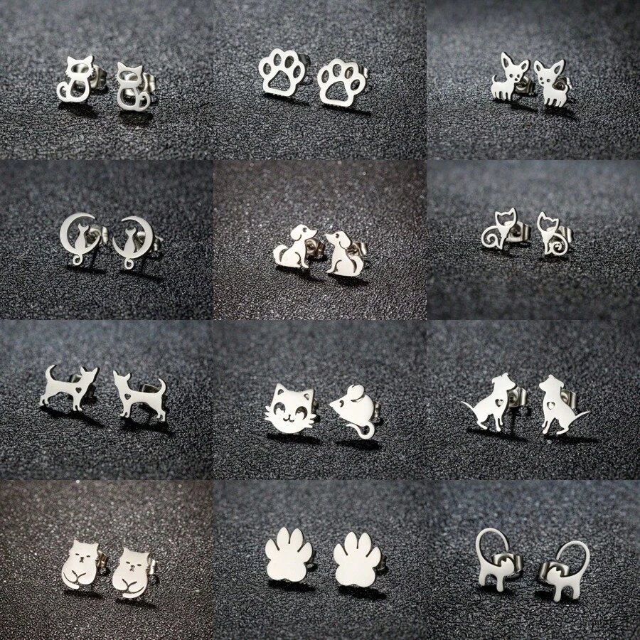 12 pares de sencillos pendientes con diseños de mascotas, pendientes de acero inoxidable con diseños de gatos y perros, joyería mixta para uso diario y como regalo