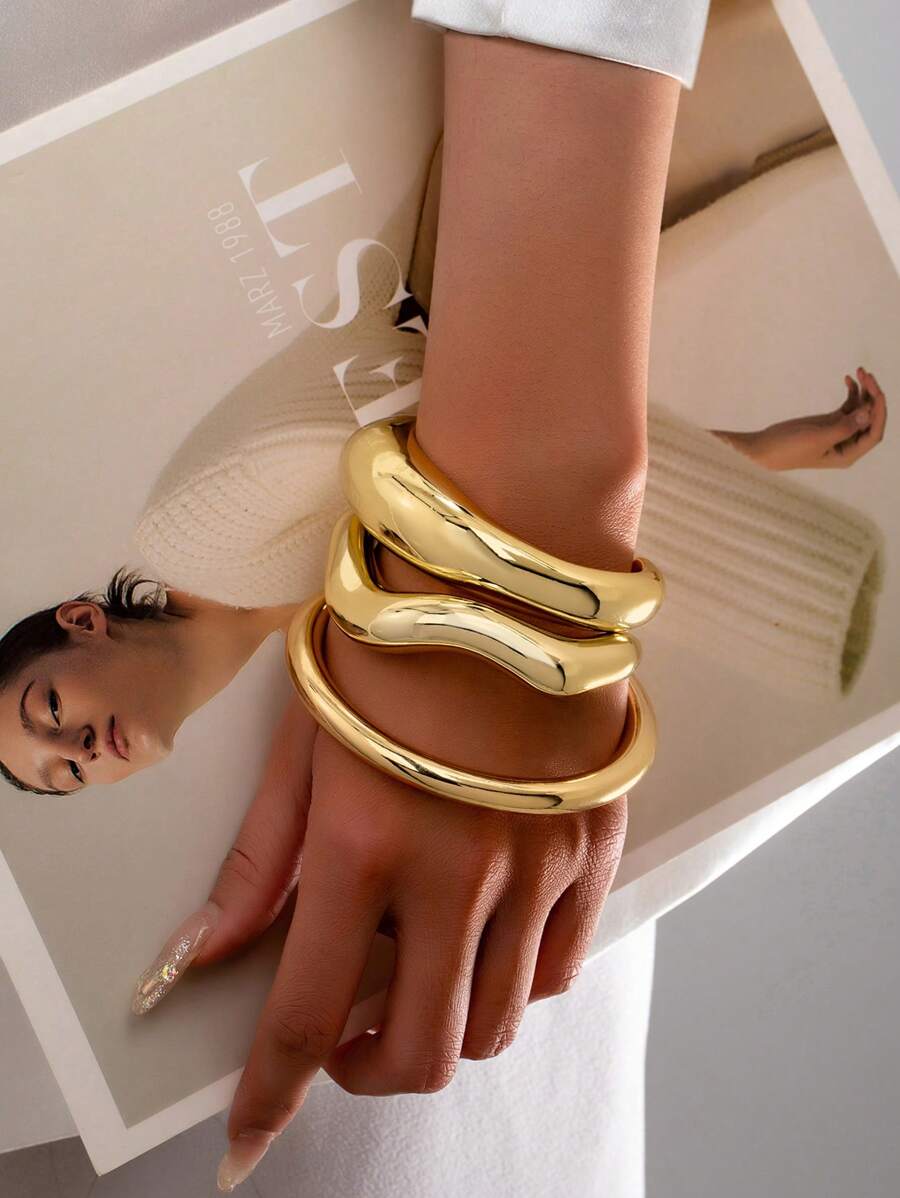Set de 3 piezas de pulseras gruesas de color dorado para mujeres, impermeables, diseño básico, pulseras apilables