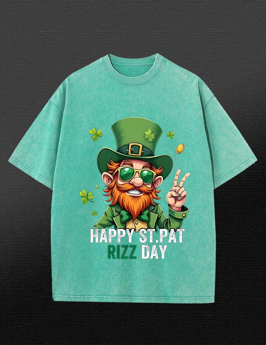 230g Pure Cotton Short Sleeved Single-Sided Washed Printed Loose T-Shirt, "Green Gift Hat Small Dwarf Demon Unisex St. Patrick's Day Green T-Shirt, Clover Lucky Talisman Shirt, Peace And Love On St. Patrick's Day. Irish Themed Decorated Clover Washed Loose T-Shirt". St. Patrick's Day, Green Festival Decoration, Irish Clothing Creativity, Irish Language, Gift Selection, Party Gifts, And Essential Gifts For Spring And Summer.