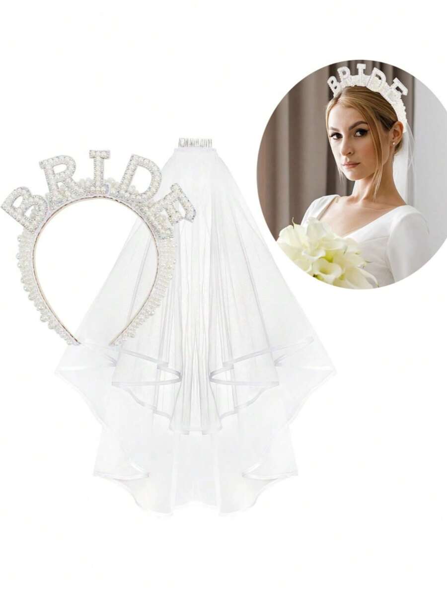 1 bucată voal cu perle pentru cap, decorare cu litere de mireasă, cu perle, cu voal, accesorii pentru păr, bentită cu perle pentru mireasă, voal pentru petrecere pentru burlac, pentru nuntă, decorațiuni pentru petreceri, accesorii pentru mireasă