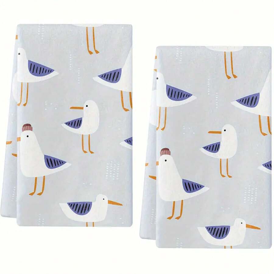 2 Piezas Toalla de cocina absorbente con diseño de gaviota azul, toalla de baño moderna con patrón azul de gaviota, toalla de cocina con tejido de tema de pájaros, adecuada para hornear y cocinar