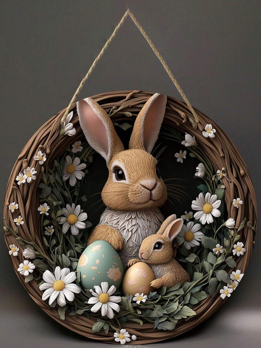 1 pièce Enseigne suspendue de lapin de Pâques - œuvre murale de style bohème avec lapin et design d'œuf, couronne de pâquerettes. Convient pour la porte d'entrée, le porche, le salon, la chambre - Décoration de printemps intérieur/extérieur
