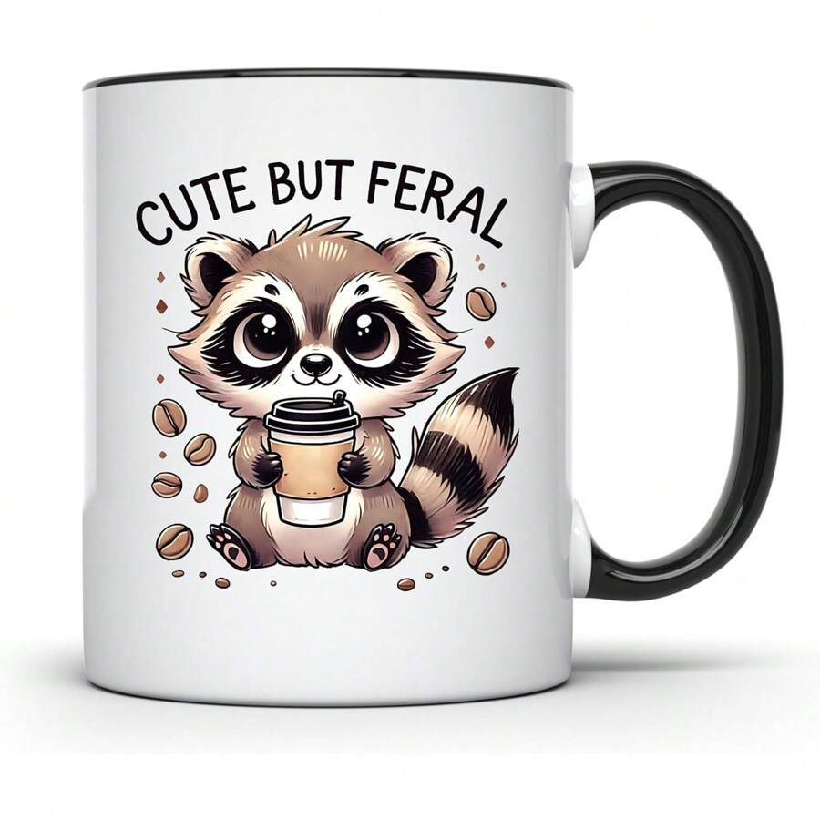 Cute Raccoon Coffee Mug, Cute But Feral Mug, Adorable Raccoon Cup, Coffee Lover Gift, Fun Animal Mug, Cute Gift Idea, Unique Coffee Cup - 11oz Ceramic Coffee Mug - Valentine's Day, Birthday,Woman's Day Gift, Easter Day Gift Idea For Dad Mom Friends Girlfriend Boyfriend