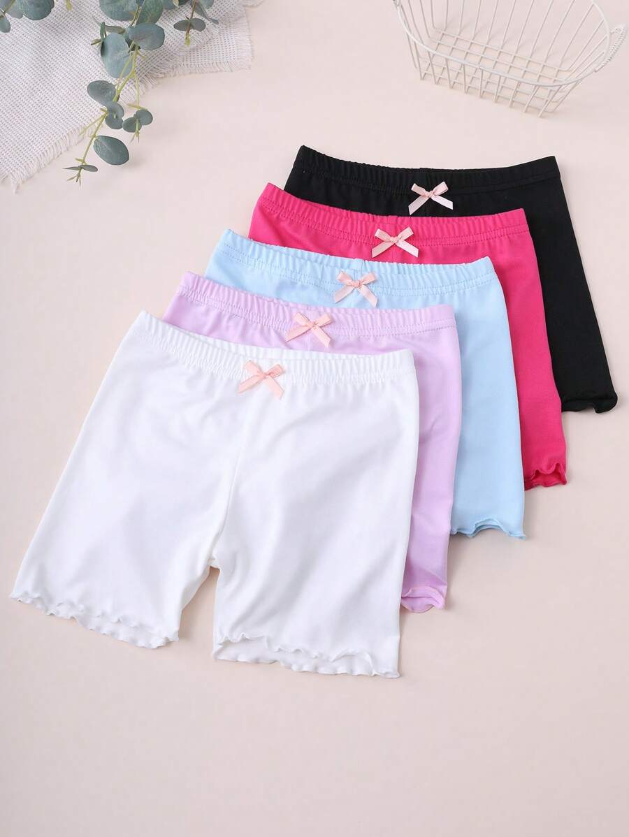 5 Girls Solid Color Bowknot Panties, Ruffled Safety Shorts, Suitable For Daily Life