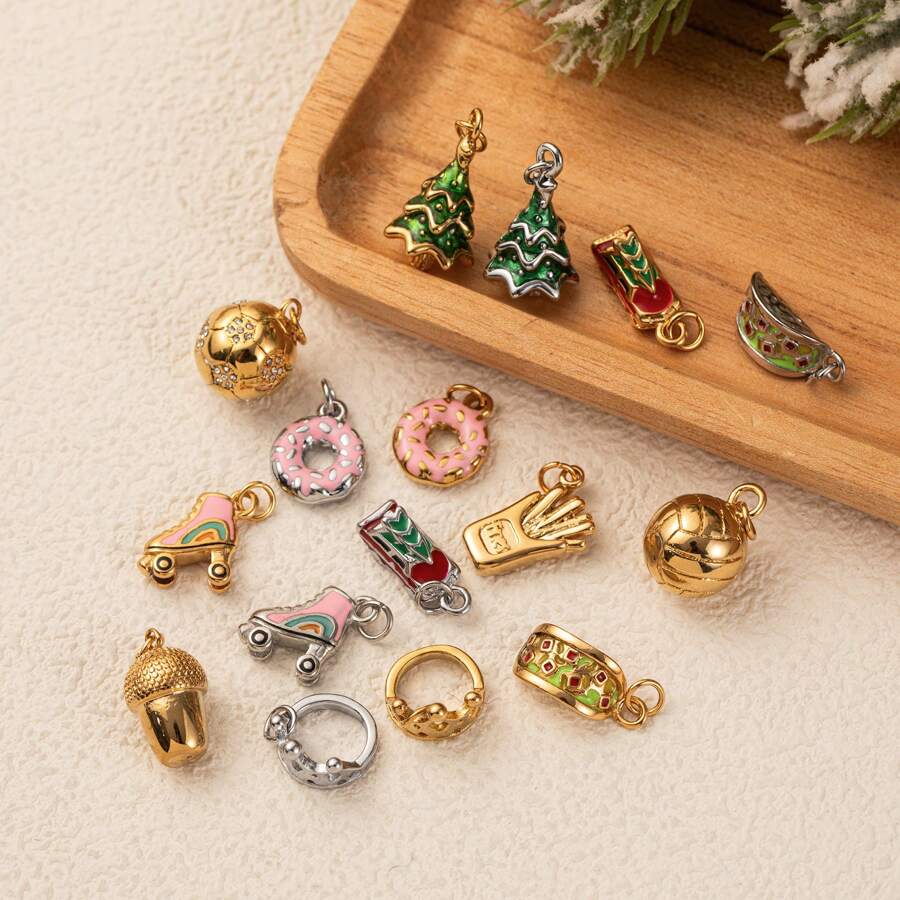 1pc Stainless Steel Plated Gold Drip Paint Multi-Element Pendant Necklace, Christmas Tree, Donut, Football, Roller Skate Charms, Suitable For DIY Necklace And Bracelet