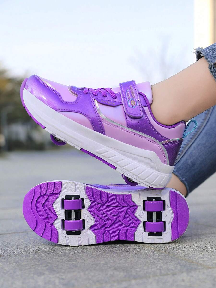 1 par de zapatos de patines de ruedas para niños/niñas de primavera/otoño, diseño mejorado de 4 ruedas para mayor estabilidad, ruedas desmontables, 2 en 1 con zapatilla, material de espejo de moda y genial, apropiado para uso diario