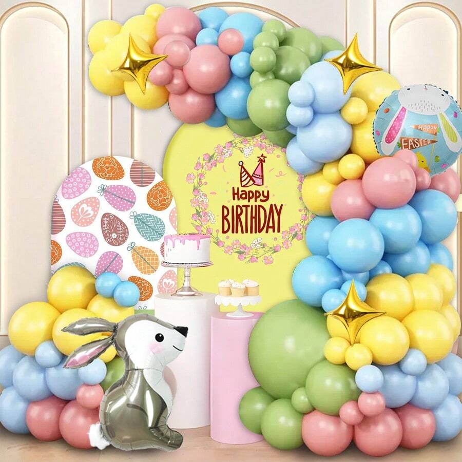 108pcs Easter Theme Balloon Arch Decoration Set, Includes Macaron Lavender, Macaron Yellow Balloons, Rabbit Shaped & 18-Inch Round Foil Balloons, Suitable For Birthday, Holiday, Celebration, Bachelorette Party, Theme Party Decor